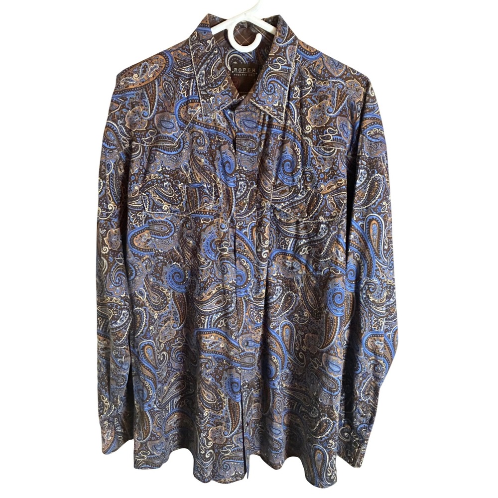 Roper Pearl Snap Shirt Men XL Blue Brown Paisley Western Long Sleeve